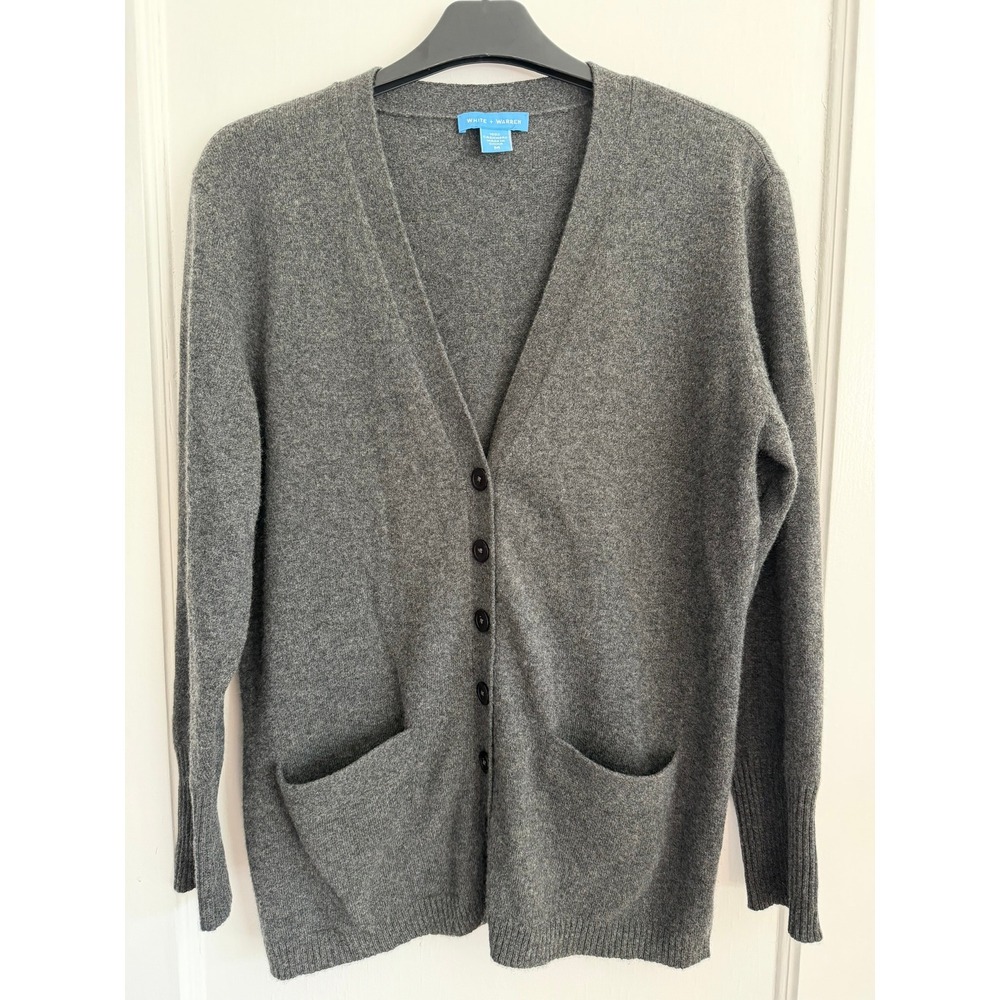 White + Warren Cardigan Women M Gray Cashmere V-Neck Button Front Pocket Knit